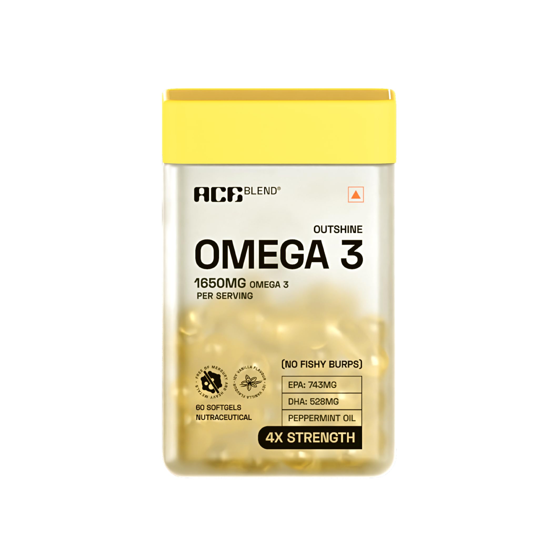 Ace Blend Outshine Omega 3 Fish Oil Capsules (60 Softgels) | 1650 Mg with 743 EPA & 528 DHA | 2 capsules for 4X Strength | No Fishy Burps | Supports Heart, Brain, Joints, Eye Health