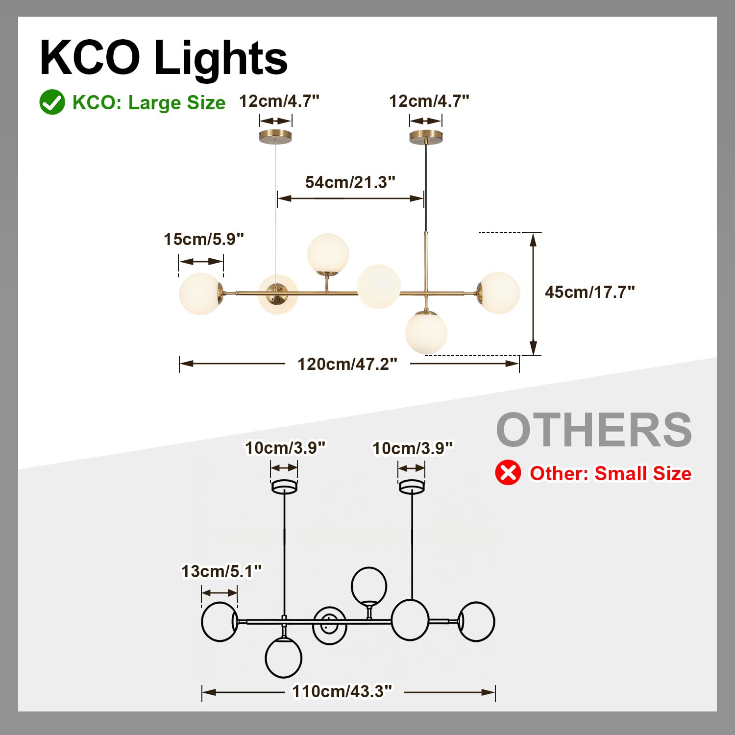KCO Lighting Lampadario in vetro lattimo a 6 luci, lampadario lineare moderno a globo, lampada a sospensione bianca e oro Lampadario rettangolare di metà secolo per isola cucina