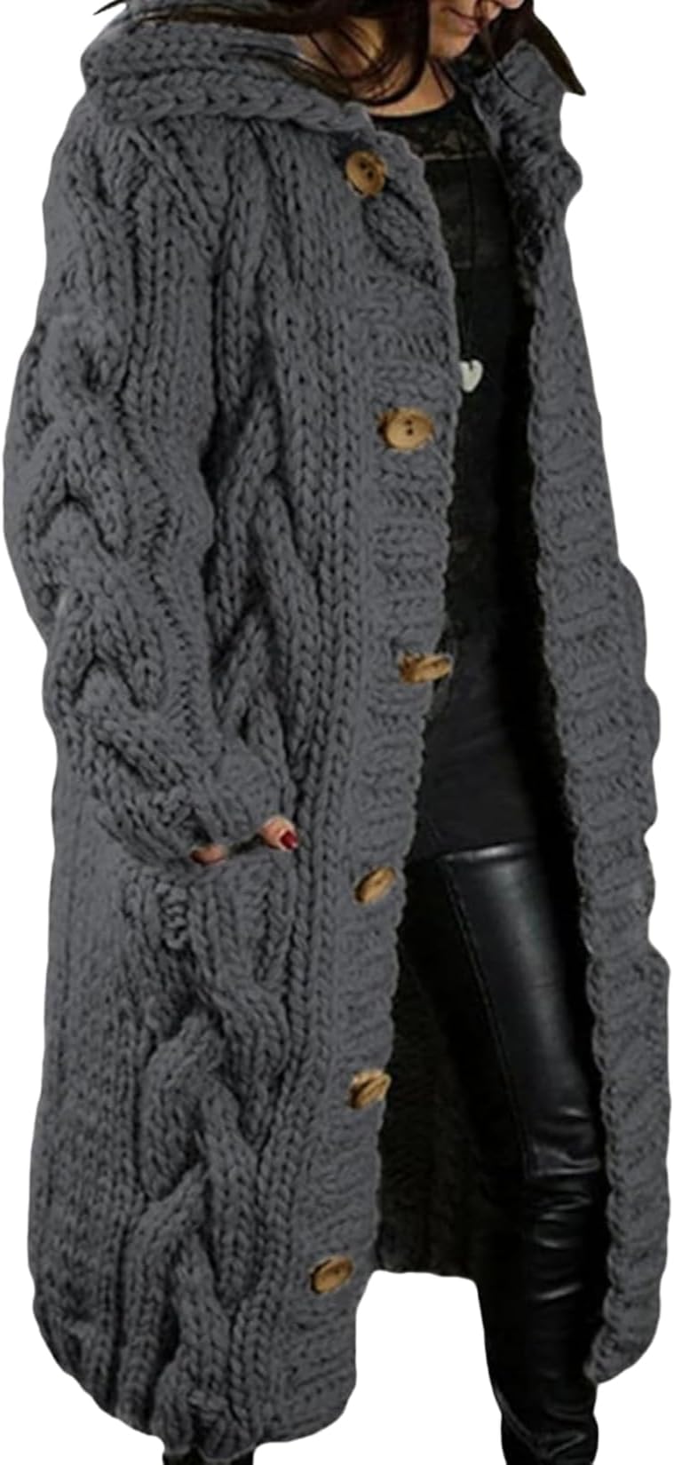 LIZALIG Women Fall Winter Sweaters Button Down Chunky Cable Knit Long Sleeve Cardigan Outerwear with Pocket