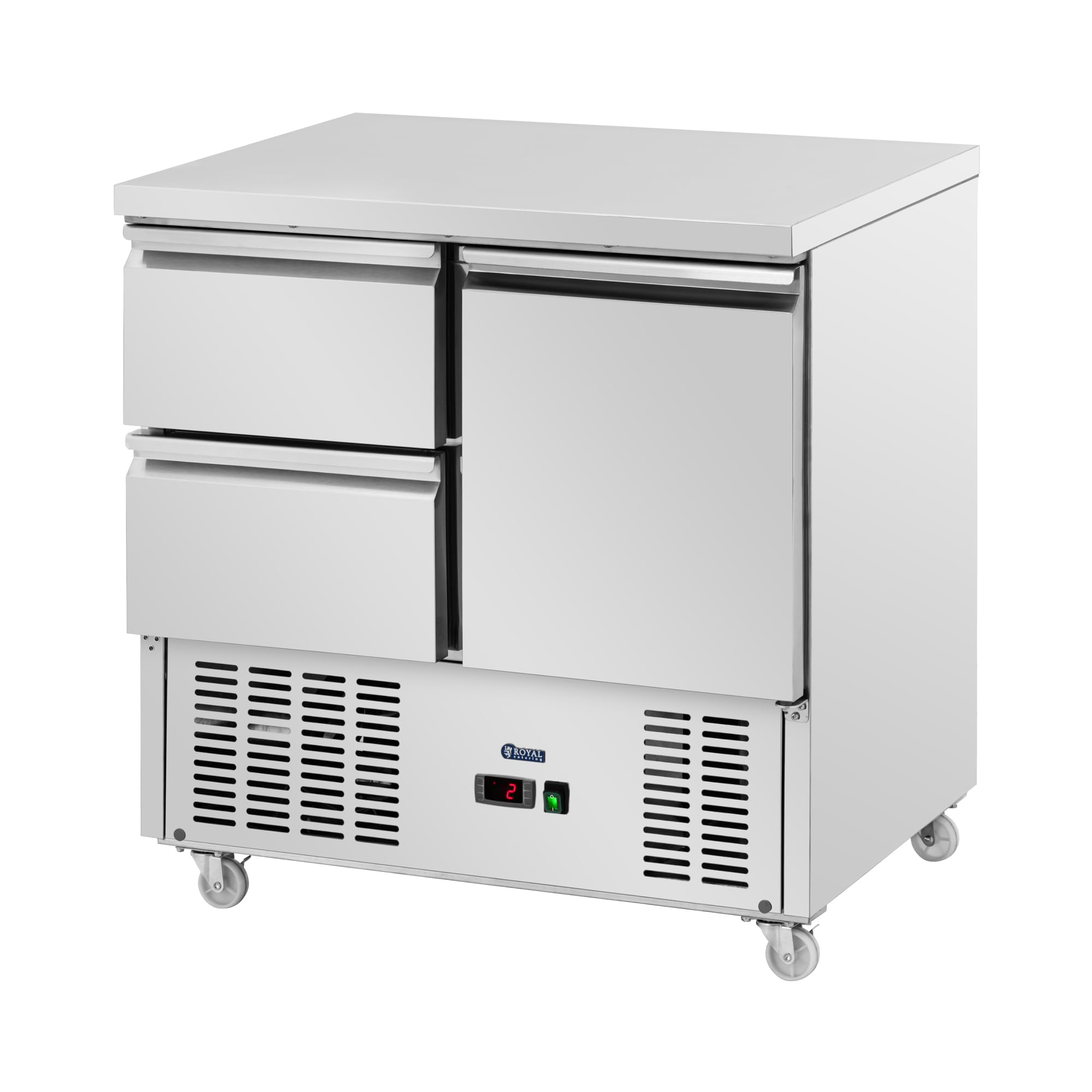 Royal Catering Mesa Refrigerada con Ruedas Volumen de 240 L 2 Cajones 1 compartimento 90 x 70 cm Clase C Acero Inoxidable Bajomostrador refrigerado Mostrador refrigerado para hostelería