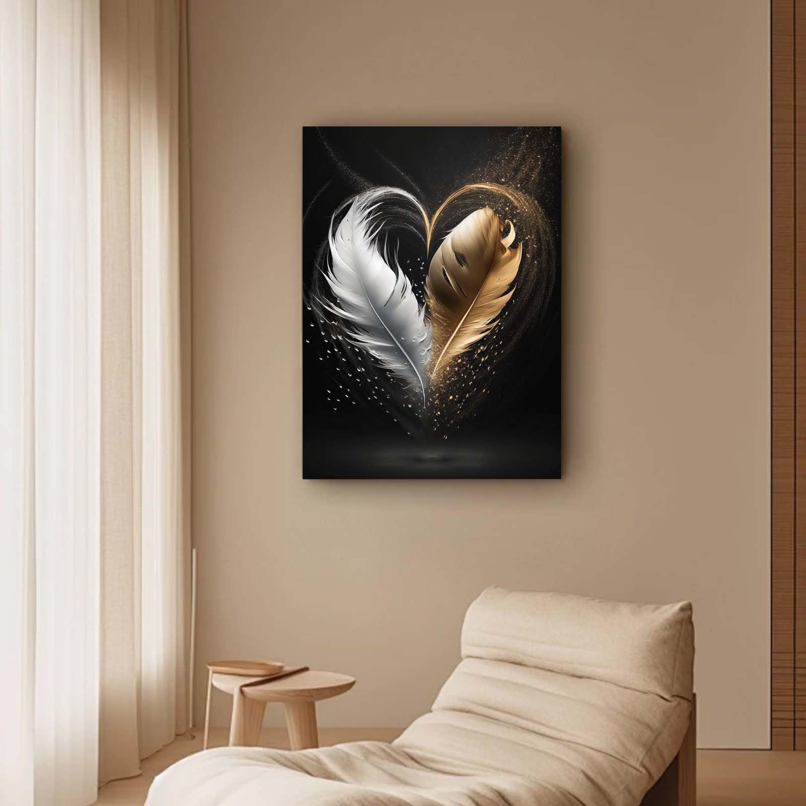 Qiukoo Framed Canvas Wall Art, Gold and Black Feather Heart Artwork, Waterproof Modern Print with Hook - Image 3