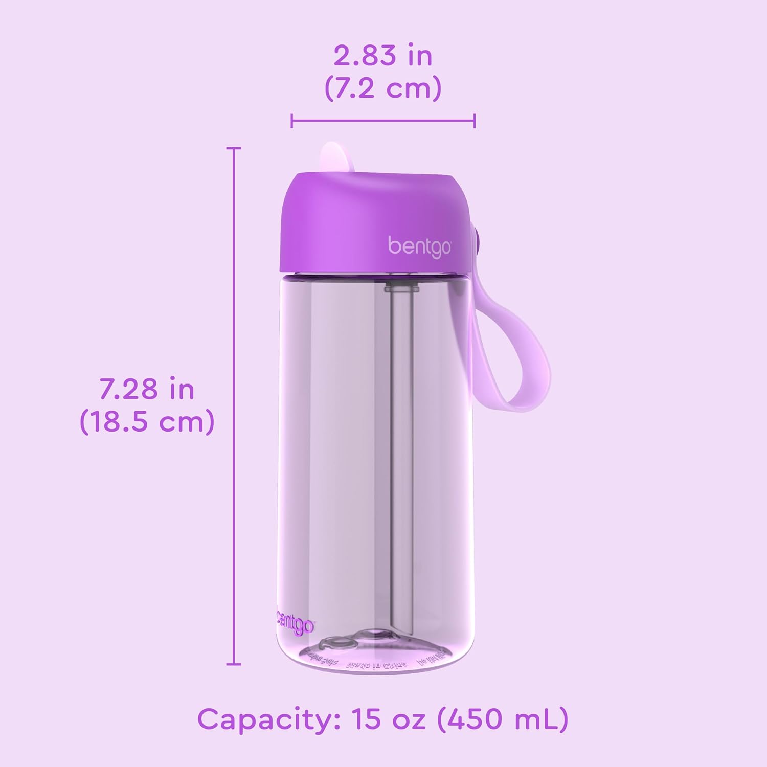 Bentgo Kids Water Bottle, Leak-Proof, Bite & Sip Spout, 15 fl oz | PFAS & BPA-Free, Shatter-Resistant, Carry Handle, Lightweight, Top-Rack Dishwasher Safe (Purple)
