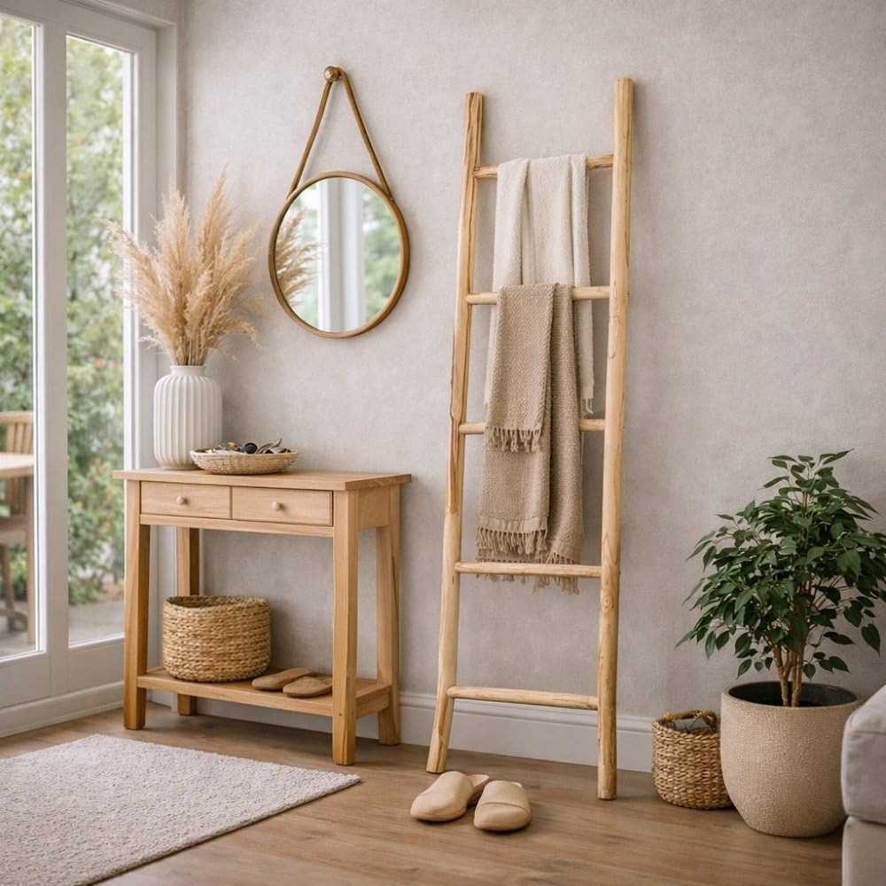 Teak Deko-Leiter Handtuchhalter Natural KEPALA ca. H150cm Kleiderständer Regal