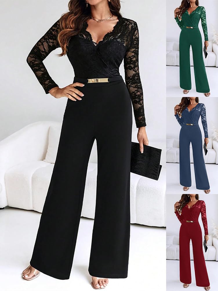 shownicer Combinaison Femme Chic Et Elegant Manches Longues Col V Jumpsuit Élégante Combinaison Pour Soirée Ensemble Pantalon