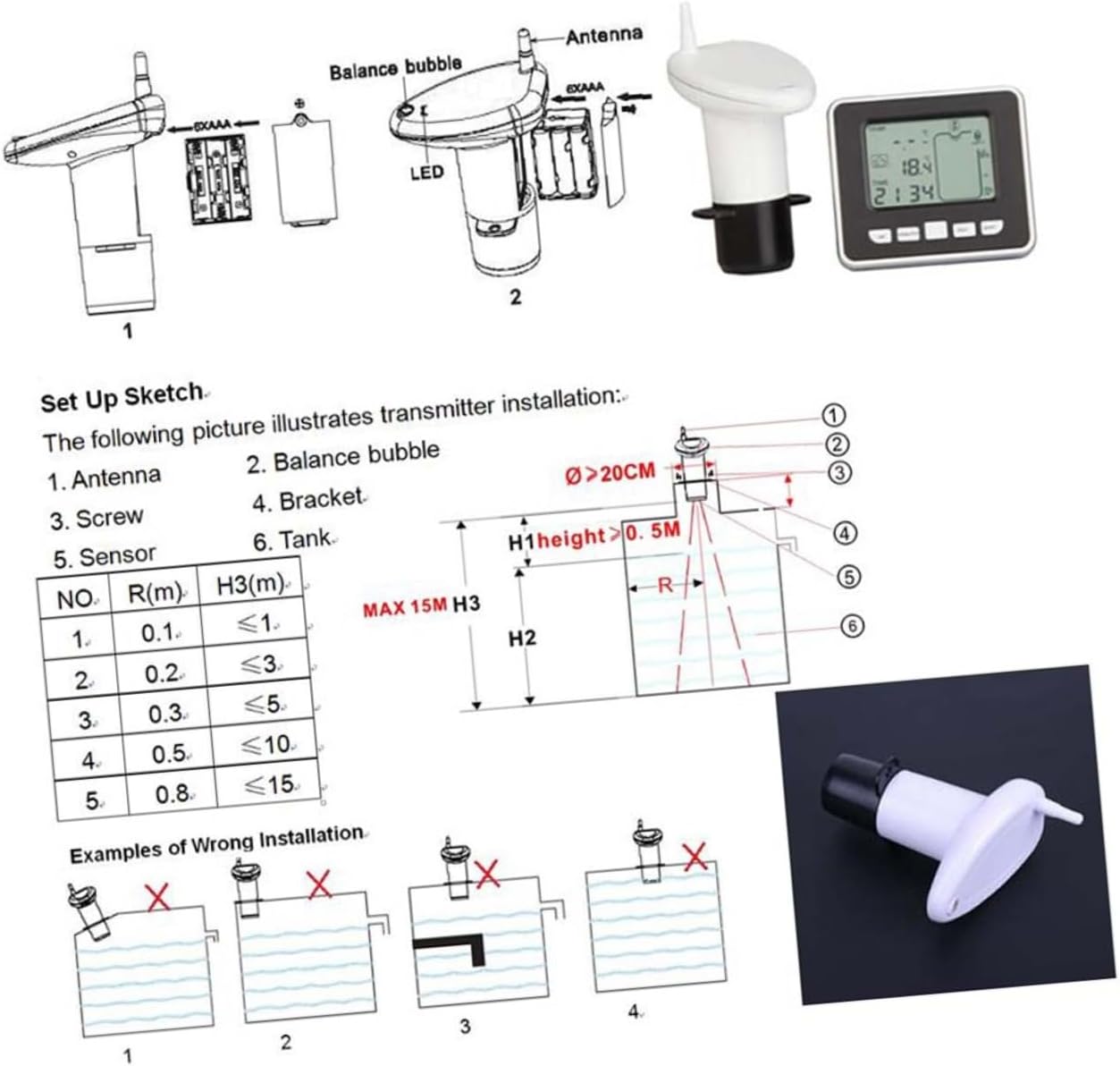 Wireless Ultrasonic Water Tank Level Sensor with Temperature Display
