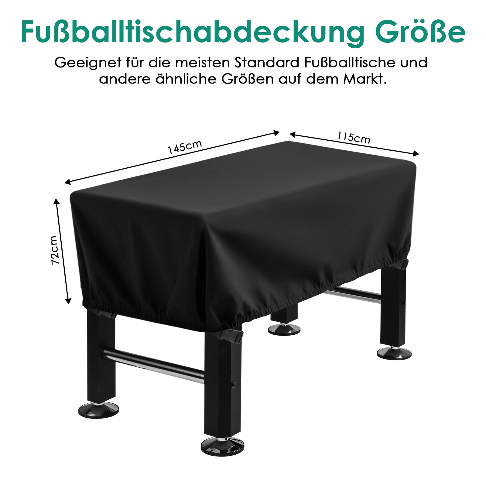 Kickertisch Abdeckung Wasserdichte, 420D Oxford Tischfußball Abdeckung Staubdicht UV-beständig, Fußball Tischabdeckung Tragbar mit Lösen Sie Gürtel und Spannungen, Schwarz, 145X115X72cm