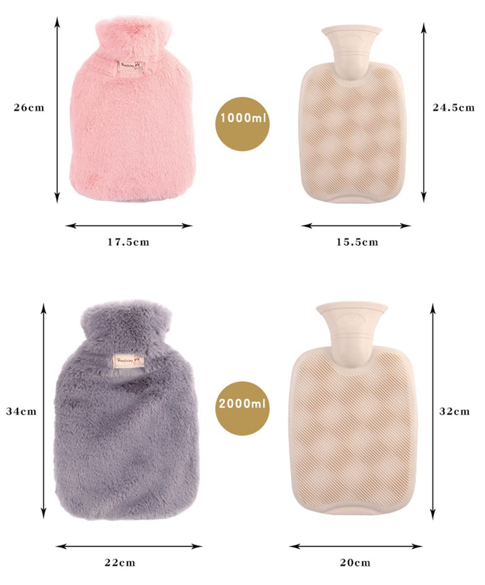 Termofor z miękką poszewką, 2 x 2000 ml, gumowy termofor z miękkim pluszem, ogrzewacz do dłoni, torba termiczna z PCW do łagodzenia bólu, wspaniały prezent dla kobiet, mężczyzn i dzieci, biały
