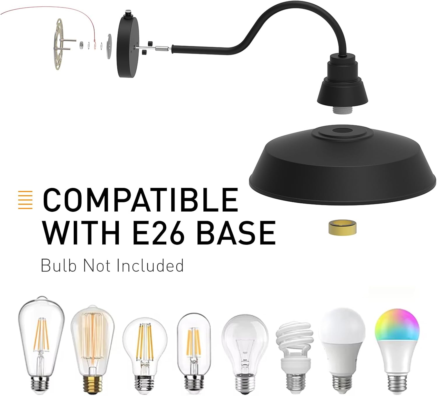 14.5" Dome Gooseneck Barn Light, Outdoor Anti-Rust&Waterproof Farmhouse Wall Sconce, Outdoor Wall Lanterns for Porch/Patio, E26 Base 100W Max(Black 1-Pack Dusk to Dawn Outdoor Lighting)