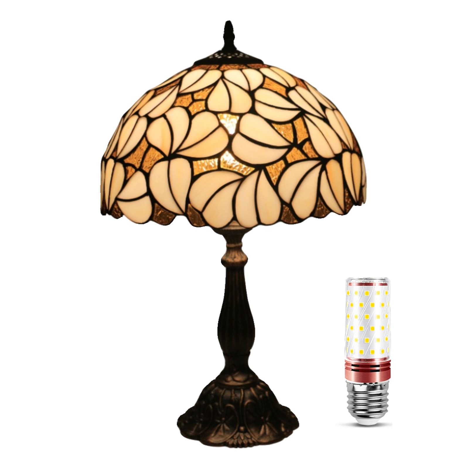 Uziqueif Tiffany Style Bedside Lamps for Bedrooms, 12 inch Handcrafted Leaves Design Stained Glass Lampshade and Antique Resin Base Table Lamp for Living Room, Bedroom, Banker, Study Desk Lamp,Beige