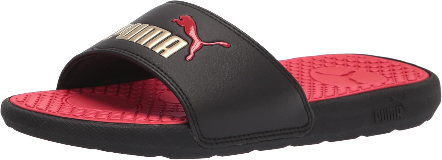 PUMA Women's COOL CAT Slide Sandals, Puma Black-High Risk Red-Puma Team Gold, 5