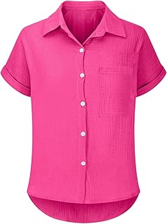 Camisa de lino para mujer, manga corta, cuello de pico, muselina, blusa, top, blusa de lino, cuello de solapa, elegante, algodón, lino, monocolor, informal, blusa de negocios con bolsillos