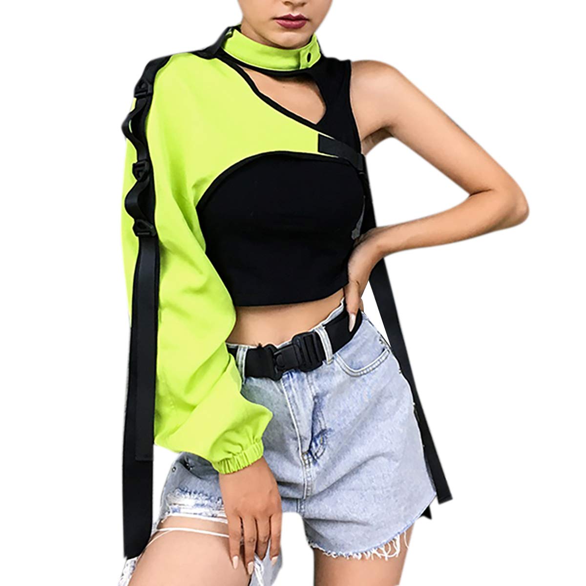 ANKOMINAWomen Sexy Reflective One Shoulder Buckle Top Long Sleeve Irregular Shirt for Rave Festival Party