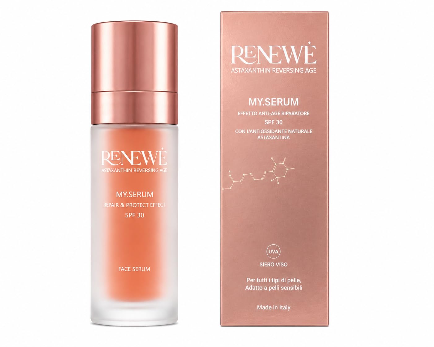 Renewè MY.SERUM, Siero Viso Astaxantina Pura SPF 30 Antiage Antiossidante - Protegge, Idrata e Rimpolpa - Con peptidi Vitamina C ed E - 30 ml