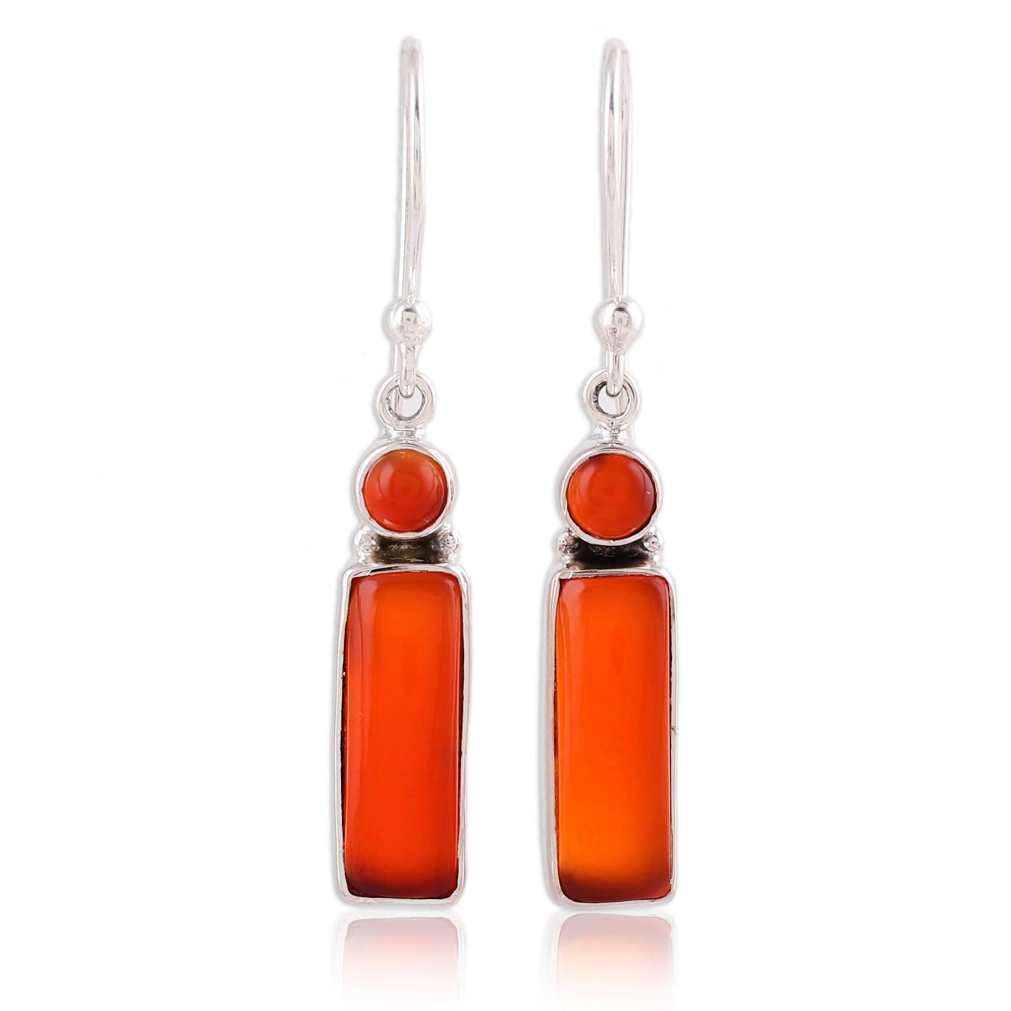 NOVICA Artisan Handmade Carnelian Dangle Earrings .925 Sterling Silver from India Orange Flame Gemstone Birthstone 'Radiant Allure'
