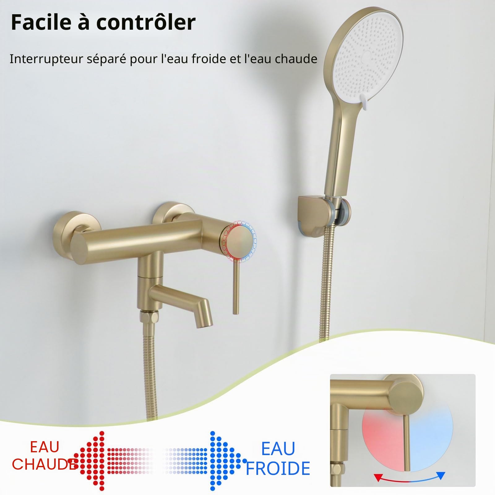 Robinet de Baignoire avec Douchette, Mitigeur Baignoire avec Bec Rotatif à 90°, Mitigeur Bain Douche Mural, Or Brossé, 15Y4OK