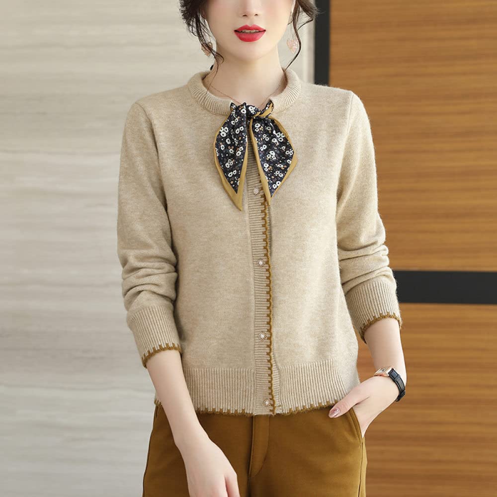 Cárdigan corto de punto para mujer, elegante, color albaricoque, cuello redondo, botones, frente abierto, chaqueta de punto con cinta floral para otoño