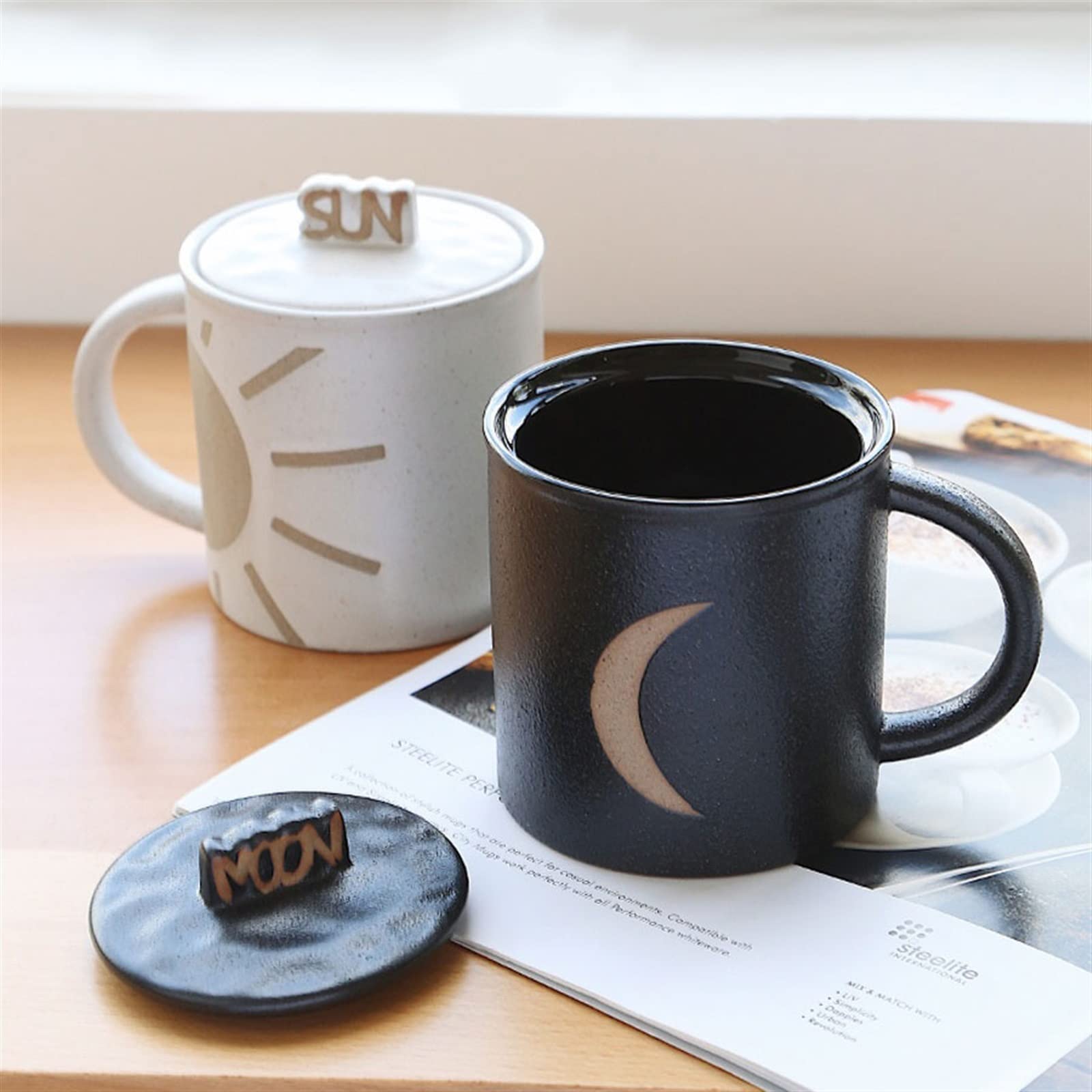 Becher Tassen 400 ml grobe Keramik-Wassertasse mit Deckel, Sonne-Mond-Muster, Haushalt, Paarbecher, Büro, gebrühte Kaffeetasse Kaffee-Trinkbecher (Color : Schwarz)
