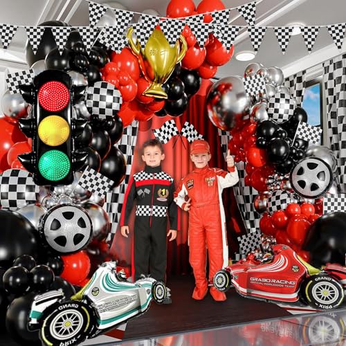 Image of Race Car Balloons Kits 31inch Traffic Light Balloon Red Blue Race Car Birthday Party Decorations Transportation Light Balloons Checkered Pennant Banner Fast One Birthday Party Supplies