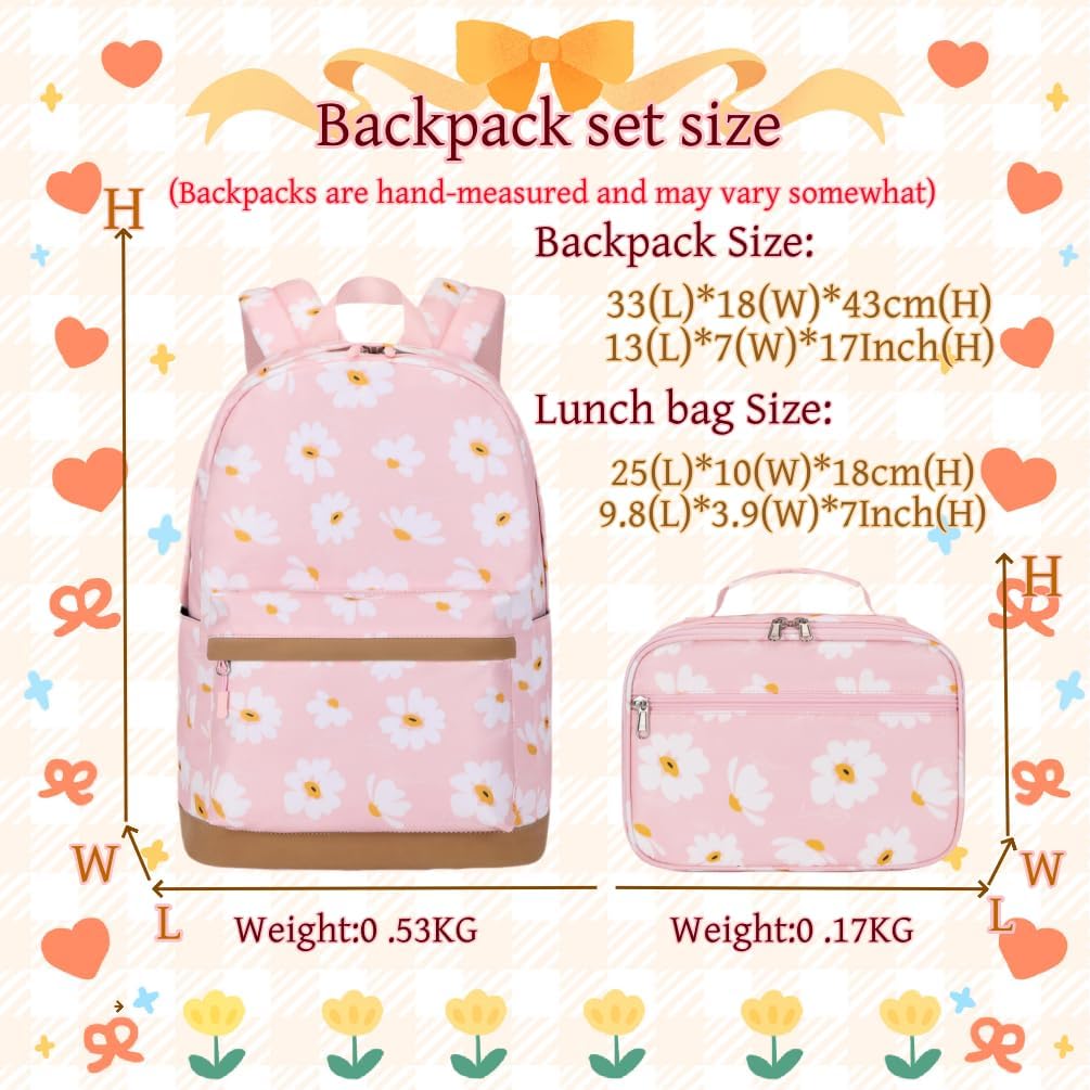 EKUIZAI 2Pcs Daisy Prints Backpack Sets for Girl Bookbag Primary Schoolbag Elementary Students Daypack with Lunch Bag - Image 2