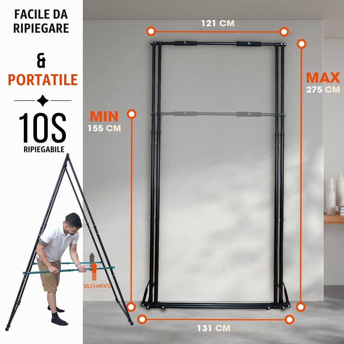 Sbarra trazioni KT alta e stabile, barra per trazioni autoportante pieghevole entroporta e esterno, struttura da terra, stazione pull up regolabile in altezza, portatile e multifunzione per casa