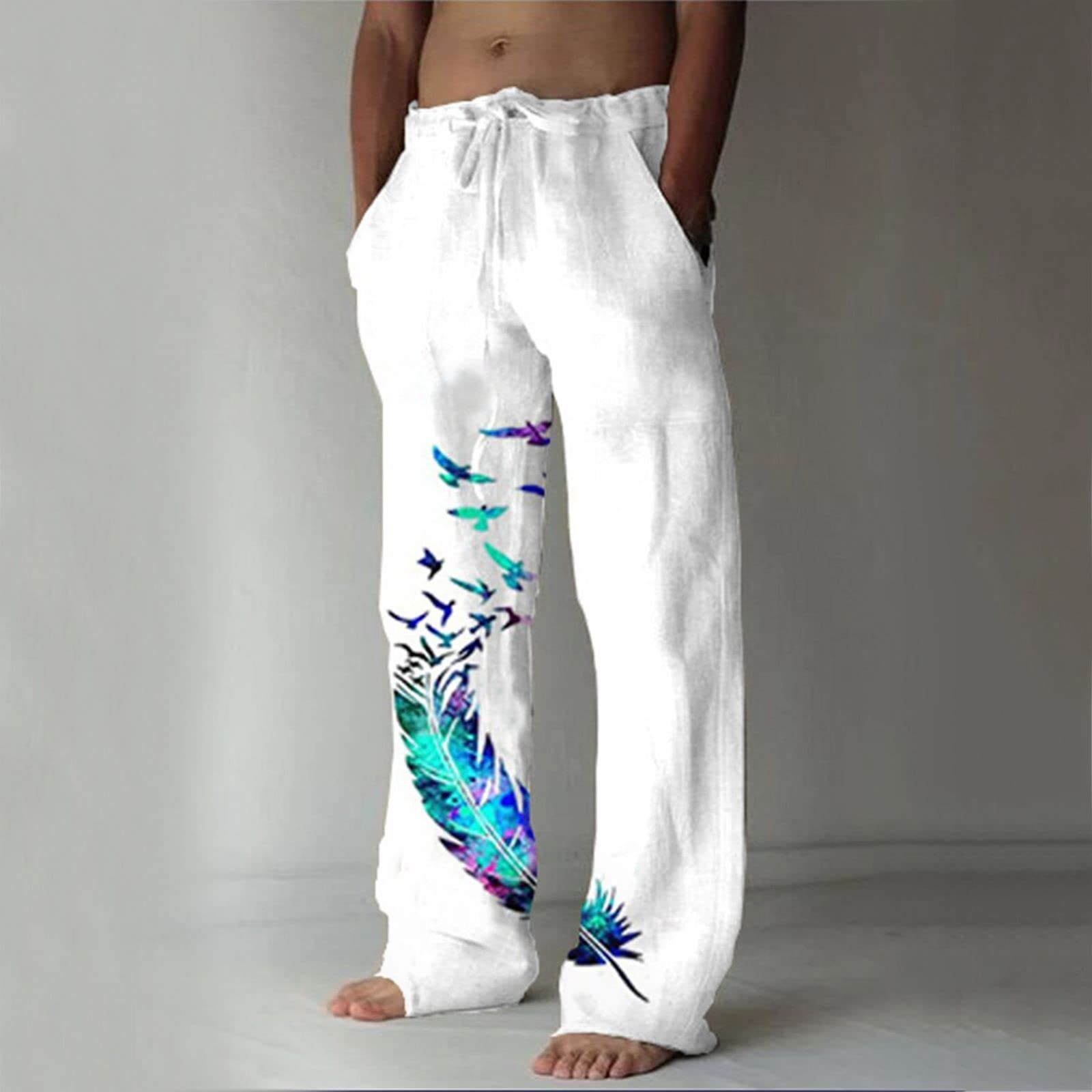 Pantaloni larghi estivi da spiaggia da uomo con coulisse, pantaloni in lino casual con elastico in vita, pantaloni da yoga leggeri, gambe dritte con tasche