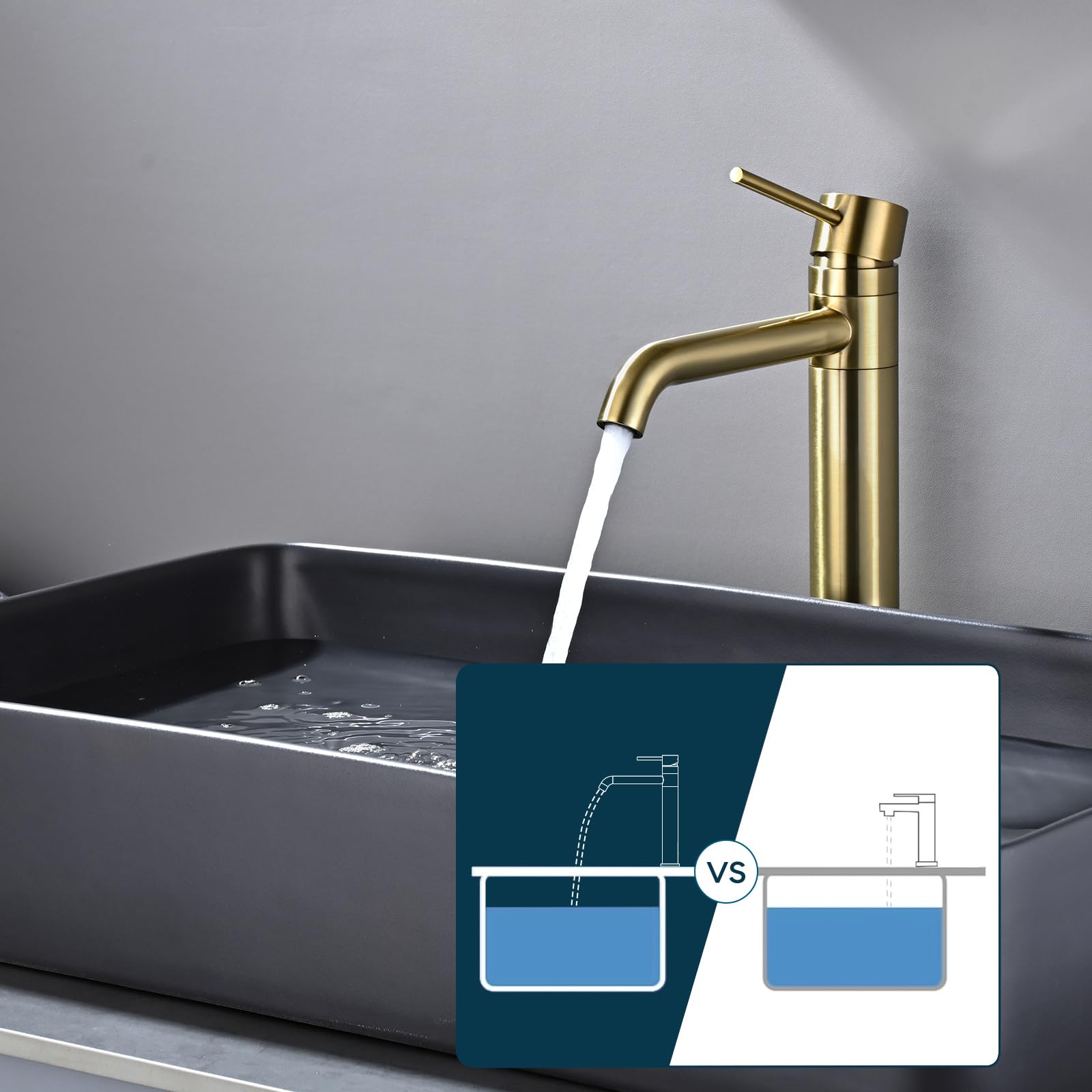 Grifo Lavabo Alto Giratorio 360°, DETBOM Grifo Monomando Agua Fría y Caliente, Grifos Dorado para Lavabo de Encimera, Mezclador de Baño, Acero Inoxidable 304, Aireador Extraíble, Oro Cepillado