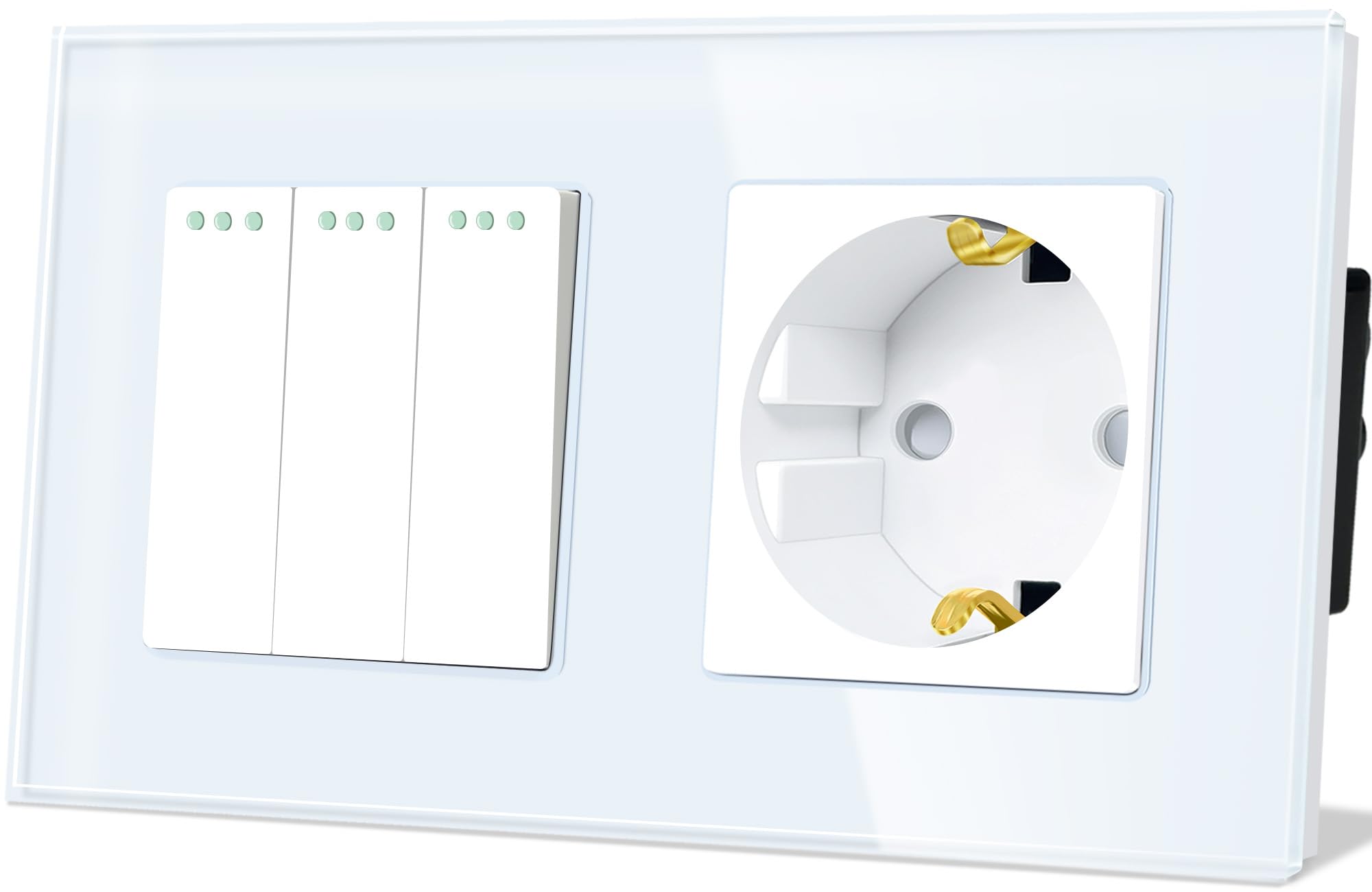 TAWOIA Lichtschalter mit Steckdose 3 Fach 1 Weg Glas Platte Unterputz Taste Schalter mit Schuko Steckdose 16 Amp 86 * 157mm Weiß Wechselschalter