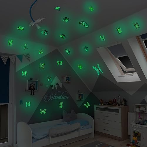 Miniatura 7 de 48 calcomanías de mariposas 3D que brillan en la oscuridad para techo, decoración de pared, adhesivo de bricolaje para habitación, guardería, sala