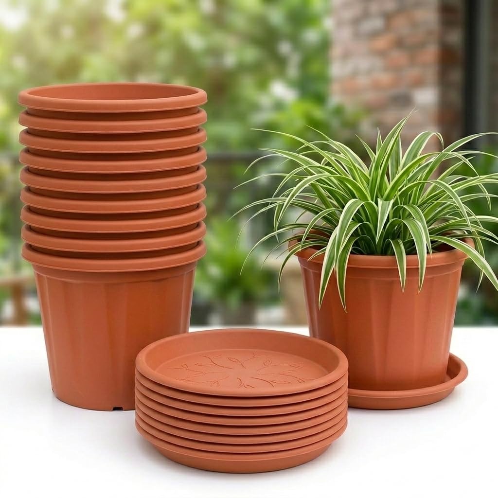 UGAOO UV Treated Gardening Pots with Saucer(Bottom Tray) for Plants – 12 Inch (Terracotta) Plastic Plant Pots | Indoor & Outdoor Planters for Home, Balcony & Garden | Set of 10-image-20