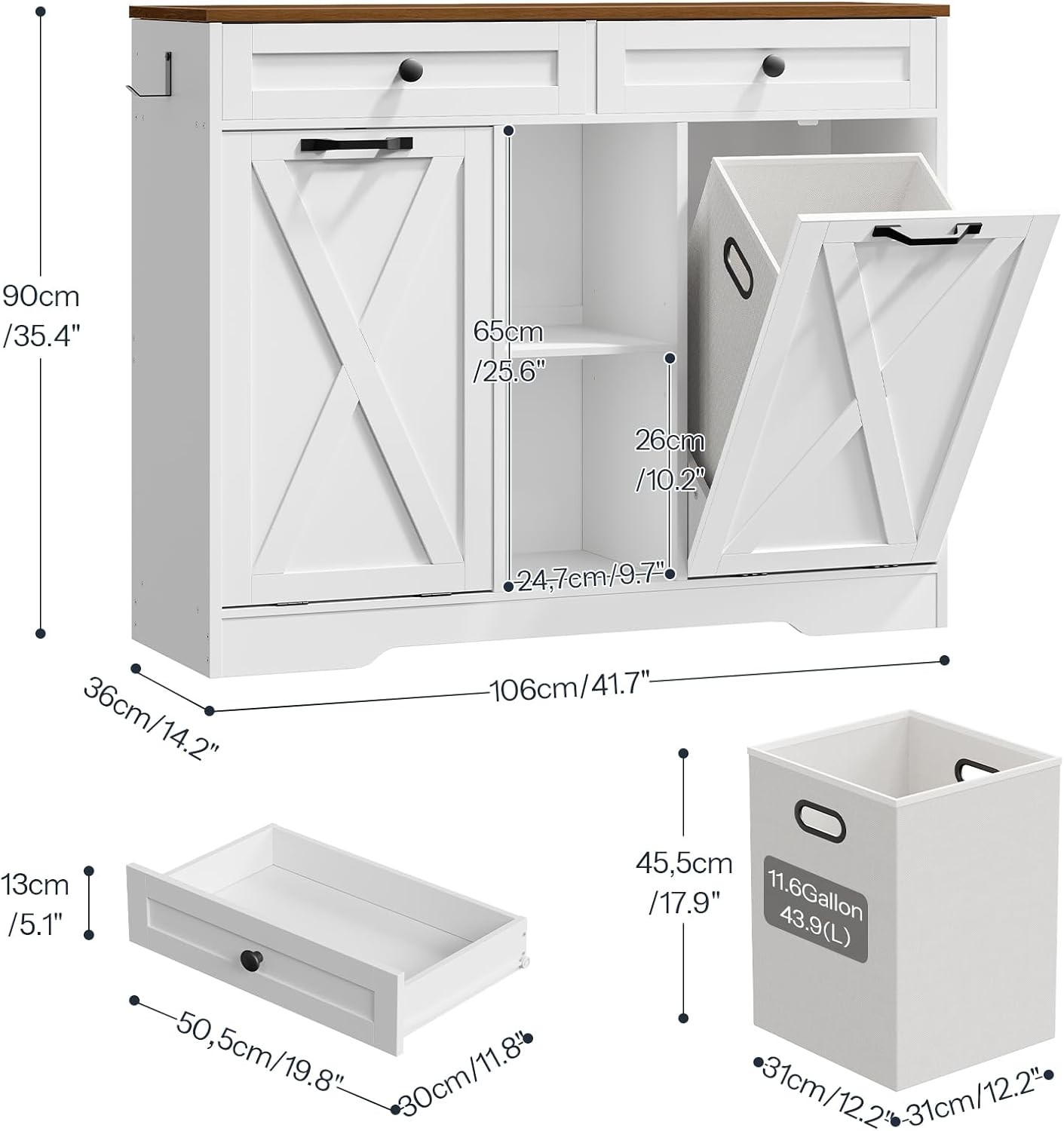 tilt out laundry hamper cabinet with drawers open showing storage