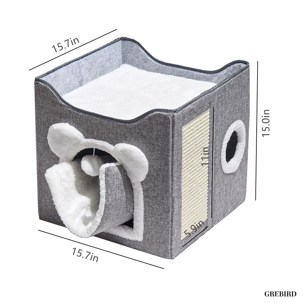 منزل للقطط من جريبيرد، سرير للحيوانات الاليفة قابل للطي مع وسادة خدش وكرة معلقة وكهف مخبأ، عش مكعب للقطط الصغيرة، شقق برج القطط، بيت نشاط للقطط وسرير الحيوانات الاليفة المغطى ومركز لعب مقعد القطط