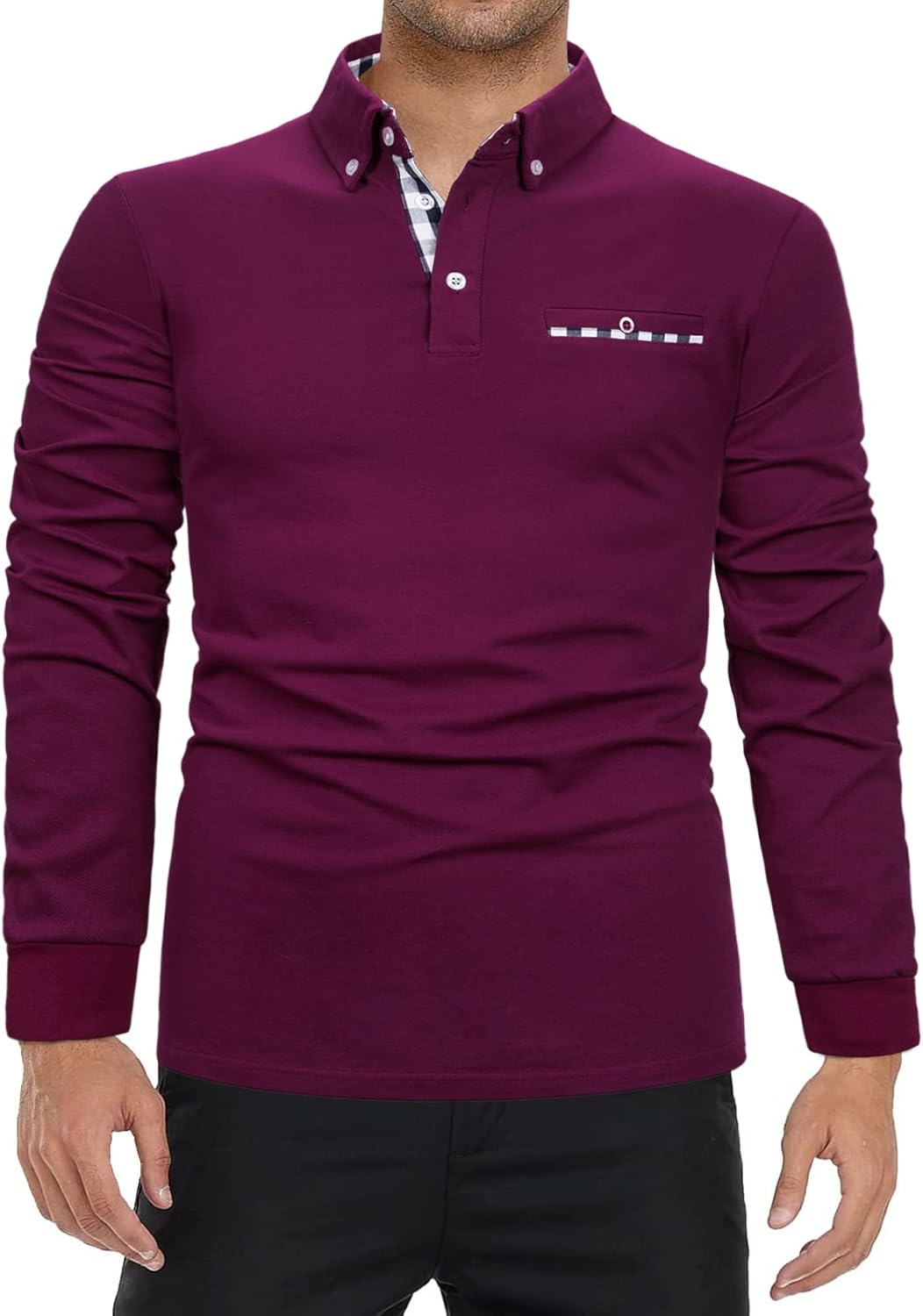 Mens Polo Shirts Long Sleeve Casual Plaid Collar Golf Shirt for Men Slim Fit Cotton Polo T Shirts Top - Image 2