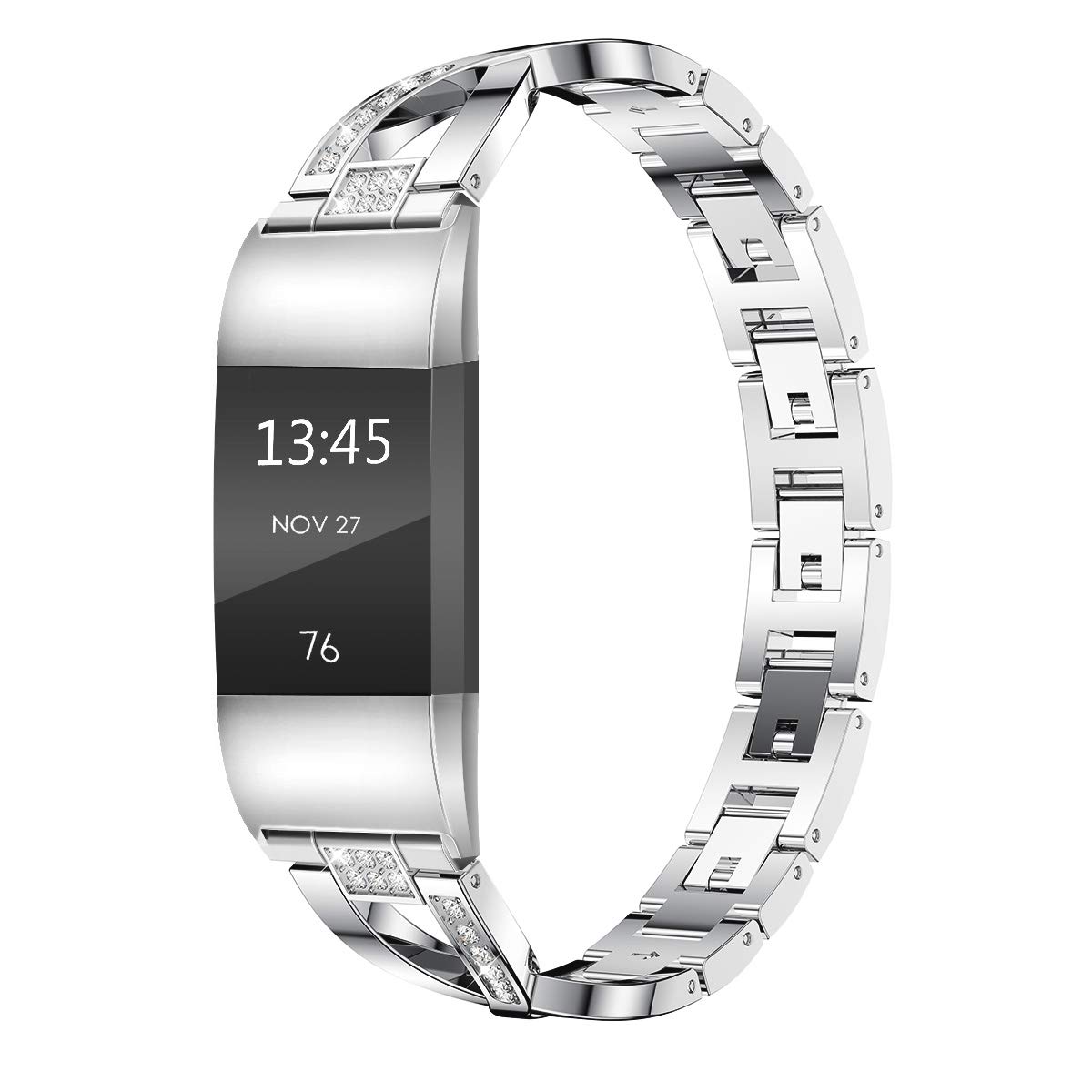 Wekin Replacement Bands Compatible For Fitbit Charge 2 Strap and Charge 2 HR, Adjustable Metal Women Wristband Steel Bracelet With Rhinestone For Charge 2