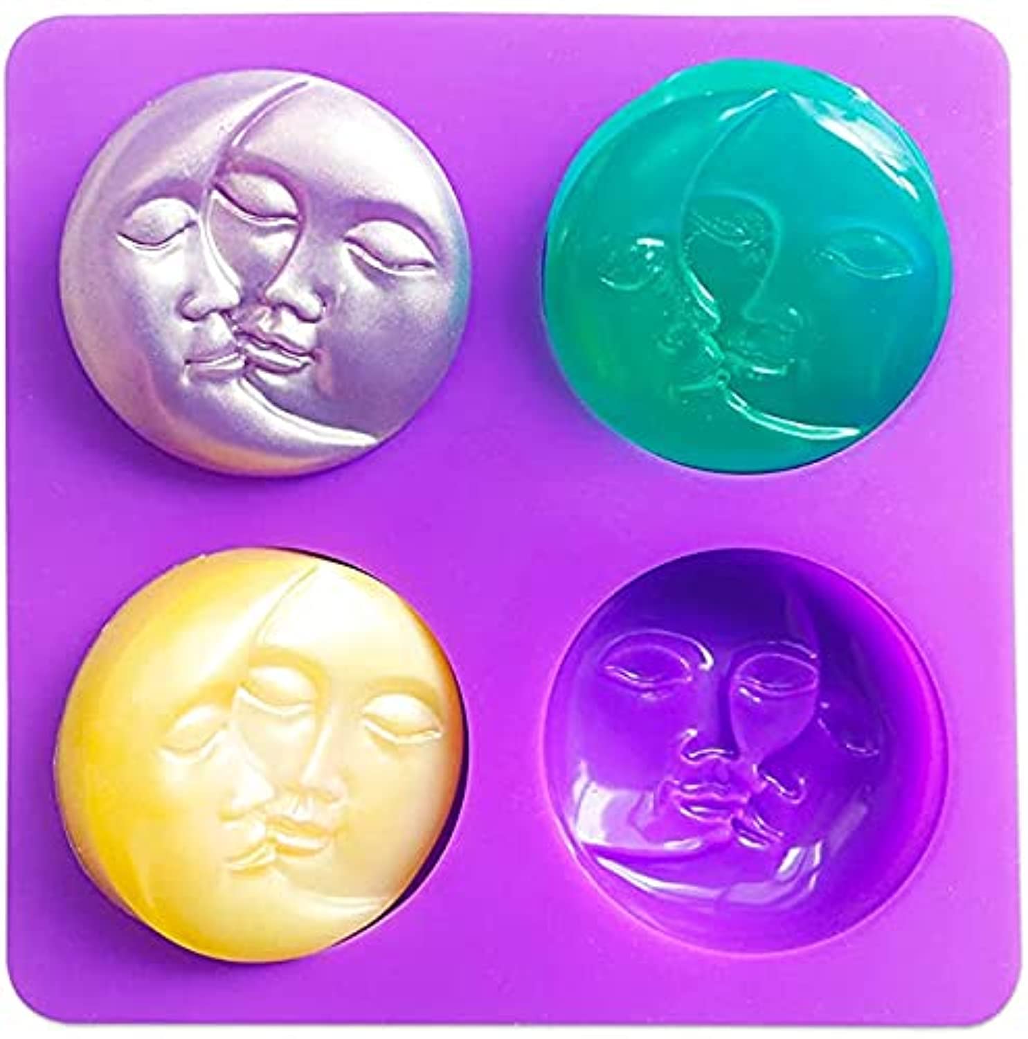 Sun & Moon Silicone Soap Moulds, 4 Cavity Crescent Moon Face Silicone Soap Mould for Homemade Lotion Bar, Bath Bombs, Polymer Clay, DIY Candle Resin Making