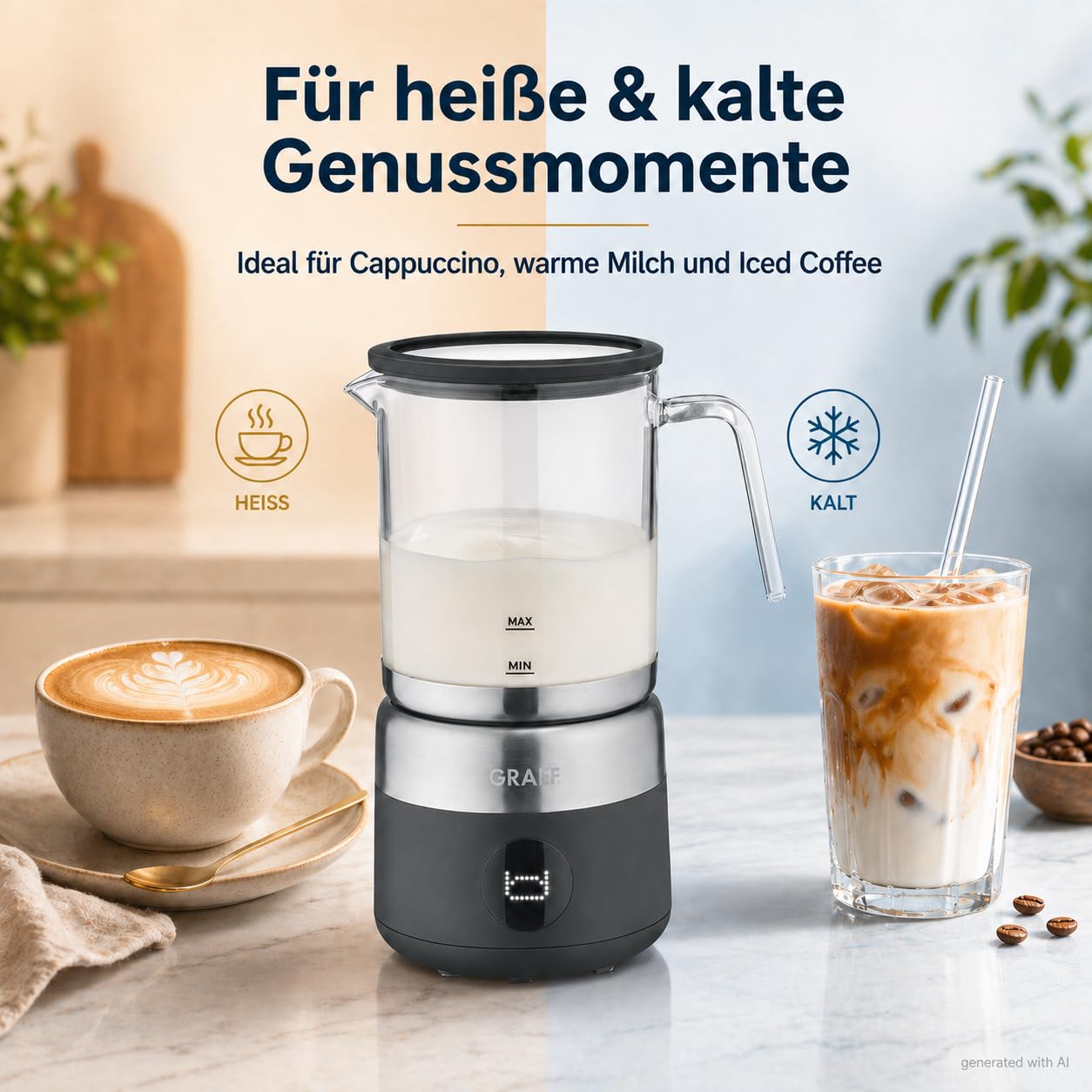 GRAEF MS802EU - Espumador de leche eléctrico, hasta 500 ml de espuma de leche en calidad barista, jarra de cristal extraíble, 5 programas, apagado automático, pantalla táctil, color negro
