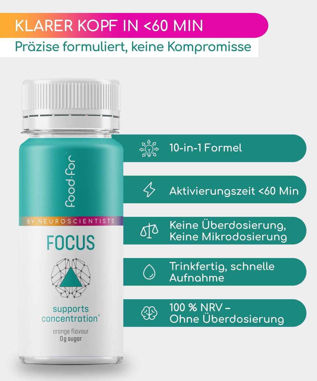 FOODFOR FOCUS Booster dopamine 60ml – Schnelle Aufnahme, Deep Focus, Gedächtnis & Konzentration – L-Theanin, L-Tyrosin, Guarana, Salbei, Kurkuma, Ginkgo Biloba – Zuckerfrei, Schweizer Qualität 6-Pack