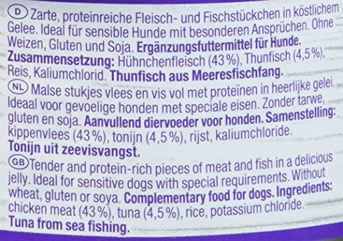 GimDog Pure Delight Hühnchen mit Thunfisch - Proteinreicher Hundesnack mit zartem Fleisch in köstlichem Gelee - 12 Dosen (12 x 85 g)
