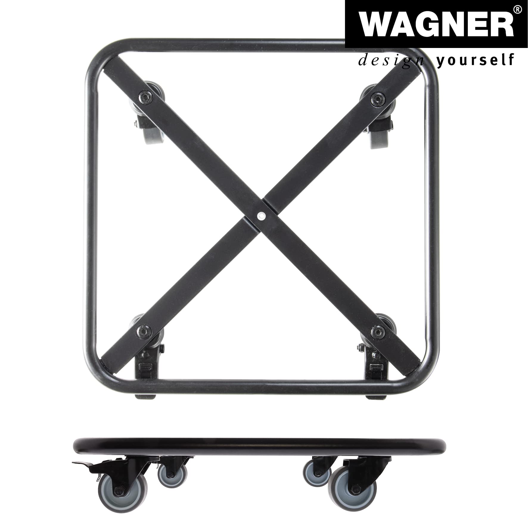 WAGNER 20701301 wałek do roślin, 38 x 38 x 8 cm, miękkie rolki z hamulcami, do użytku wewnątrz i na zewnątrz, rolka na kwiaty, stal powlekana na czarno, nośność 150 kg