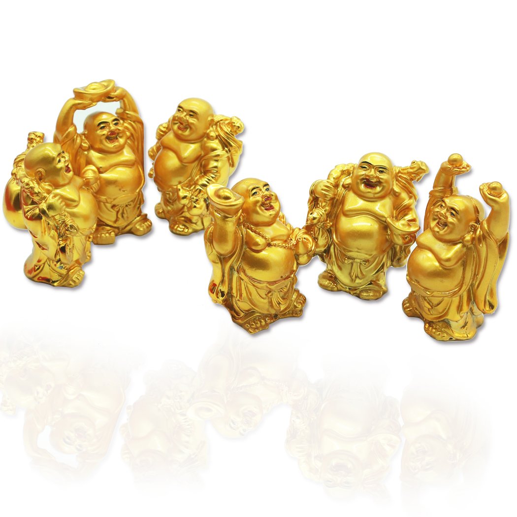 STCREE Resin Fesng Shui Laughing Buddha Statues Lucky Happy Maitreya Statue 6pcs 7cm(H) Desk Flower Pot Decoration Collectible Gift TQGJST8