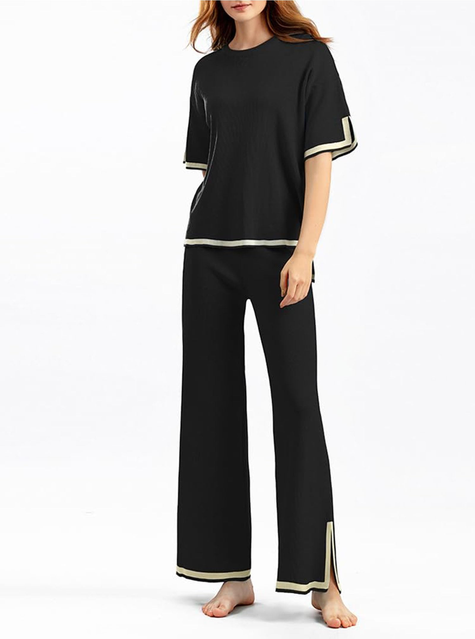 Womens Knit 2 Piece Sweater Sets Lounge Sets Silk Feel Oversized Casual Short Sleeve Knit Pullover Tops Wide Leg Pants Tracksuit Homewear Elegant Trousers Sets,006,M