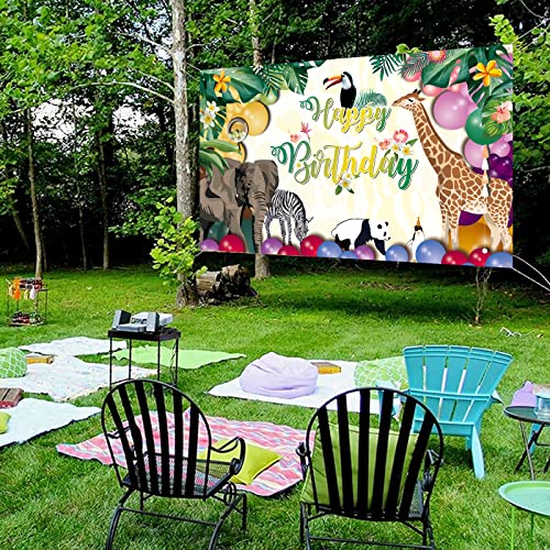 Image of Happy Birthday Banner for Jungle Safari Theme Party Decorations, Fabric Animal Zoo Backdrop Tropical Forest Poster for Boys Girls Wall Supplies, 185*110cm