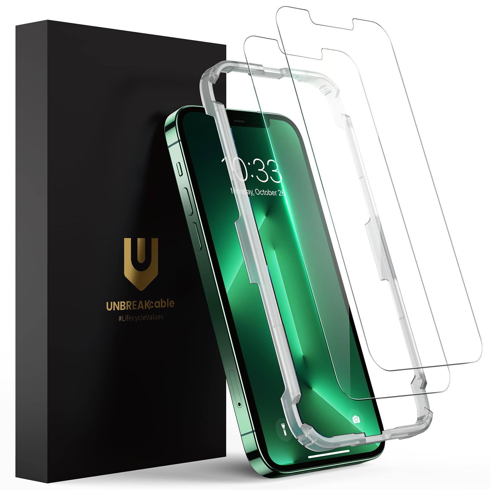 UNBREAKcable 2 Pack Screen Protector for iPhone 14 Plus/13 Pro Max, Shatterproof Tempered Glass [Easy Installation Frame] [9H Hardness] [99.99% HD