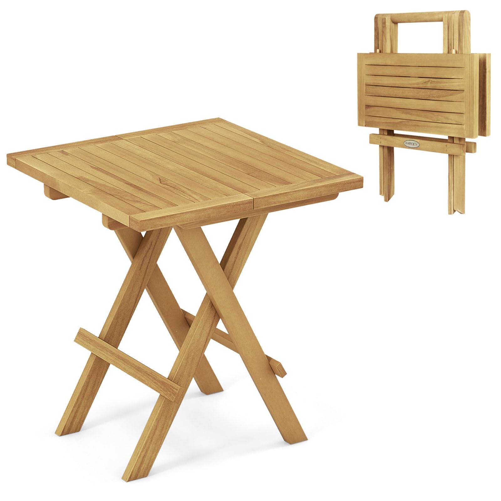 COSTWAY Folding Side Table, Solid Teak Wood Small Garden Coffee Table, Slatted Hardwood Indoor Outdoor Foldable End Bistro Snack Table for Patio, Balcony, Deck and Porch (Square, 46x46x50cm)