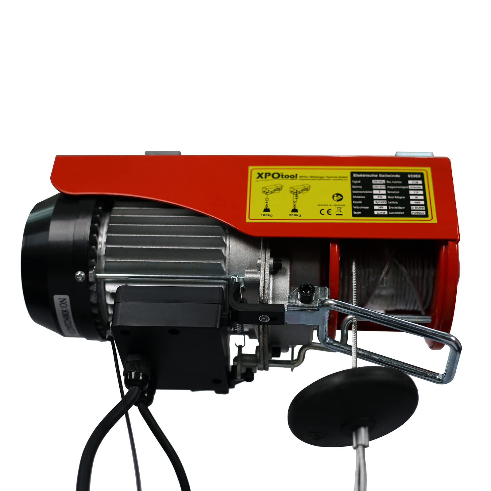 Wiltec Elektrische Seilwinde 540W bis 125/250kg, Motorwinde mit Seilzug 12/6m und Einhandbedienung, Elektroseilwinde