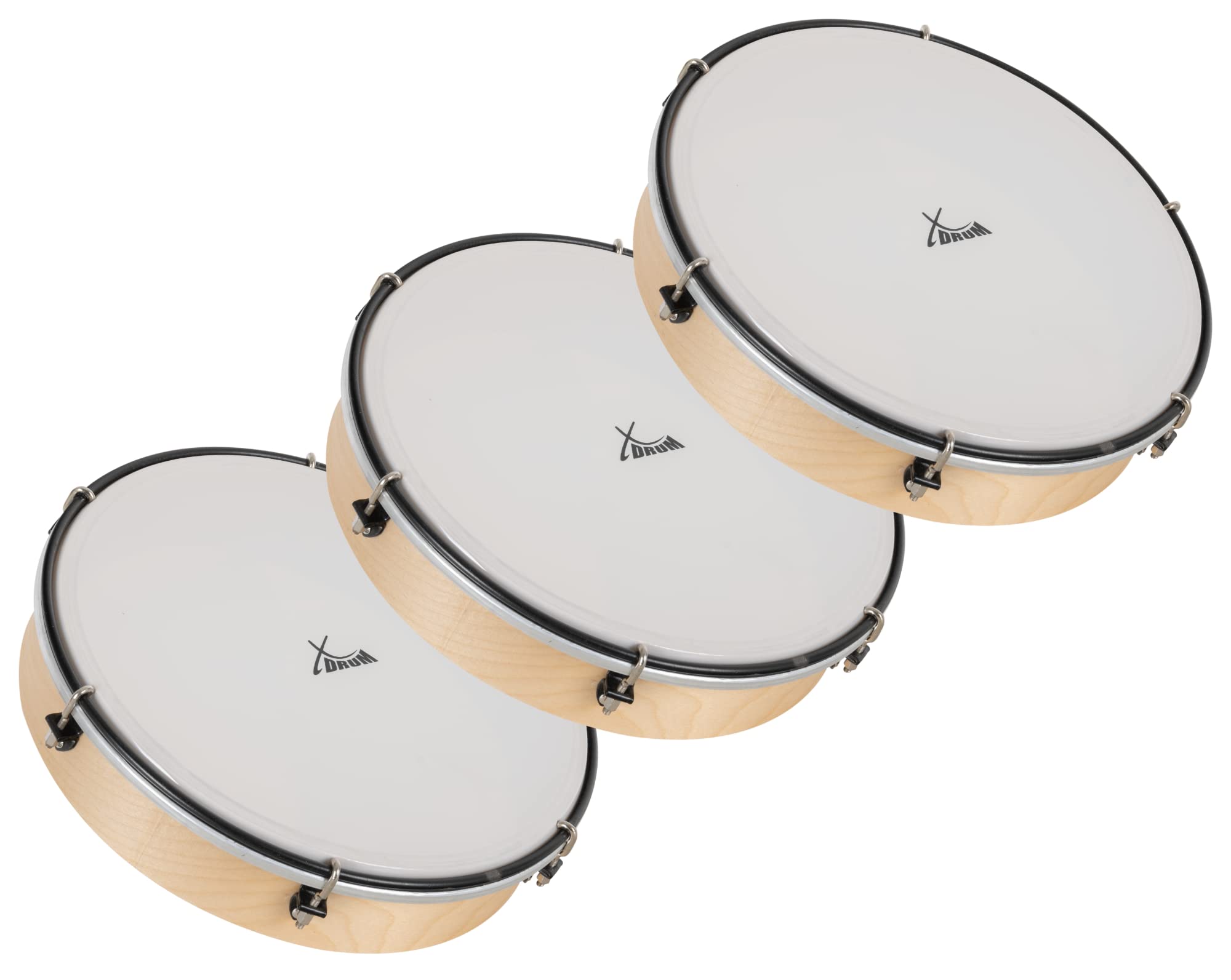 XDrum HTM-12K Pandereta De Mano De 12" Con Piel De Plástico Juego De 3 | Diámetro: 12" (30, 5 cm), Piel de poliéster resistente, Marco de madera de arce, Mango ergonómico, Altura: 6 cm, Uso Versátil