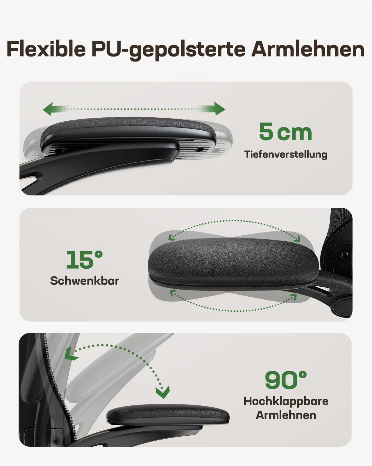 Marsail Bürostuhl Ergonomisch, Schreibtischstuhl mit 3D PU Armlehnen und Verstellbarer Lendenwirbelstütze, Drehstuhl Höhenverstellung und Wippfunktion, Chefsessel aus Mesh, Bis 136kg/300LBS