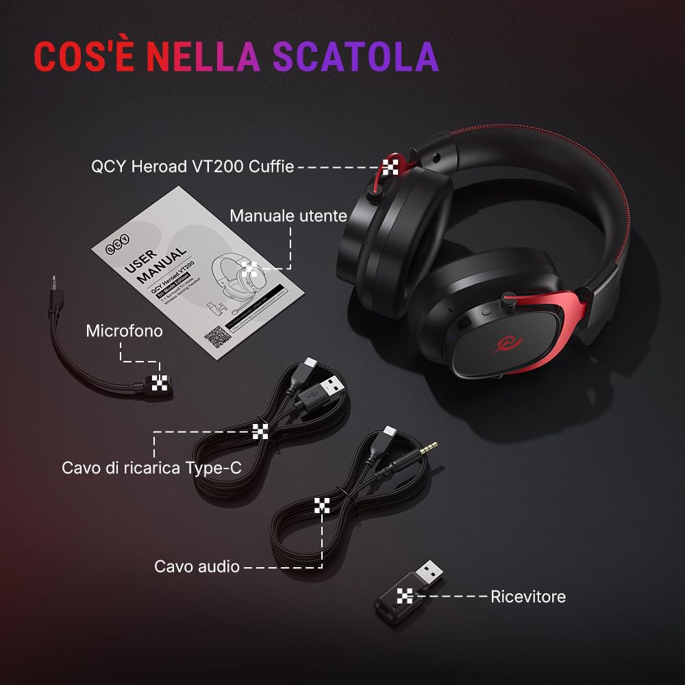 QCY Cuffie Gaming Wireless per PC/PS5/PS4/Switch, HEROAD VT200 Cuffie Over Ear, Audio Surrounqchd 7.1, Cuffie Gaming 2,4GHz Wireless+Bluetooth 6.0, Microfono Staccabile, Batteria da 130 ore -RossoNero