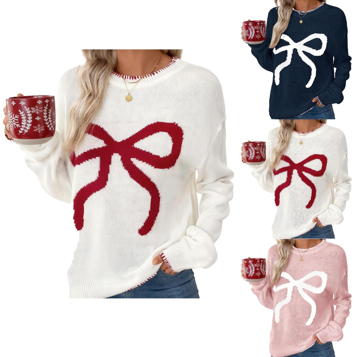 Women Bow Sweater Casual Crew Neck Long Sleeve Pullover Sweaters y2k Lightweight Knitted Jumper Tops Winter Clothing