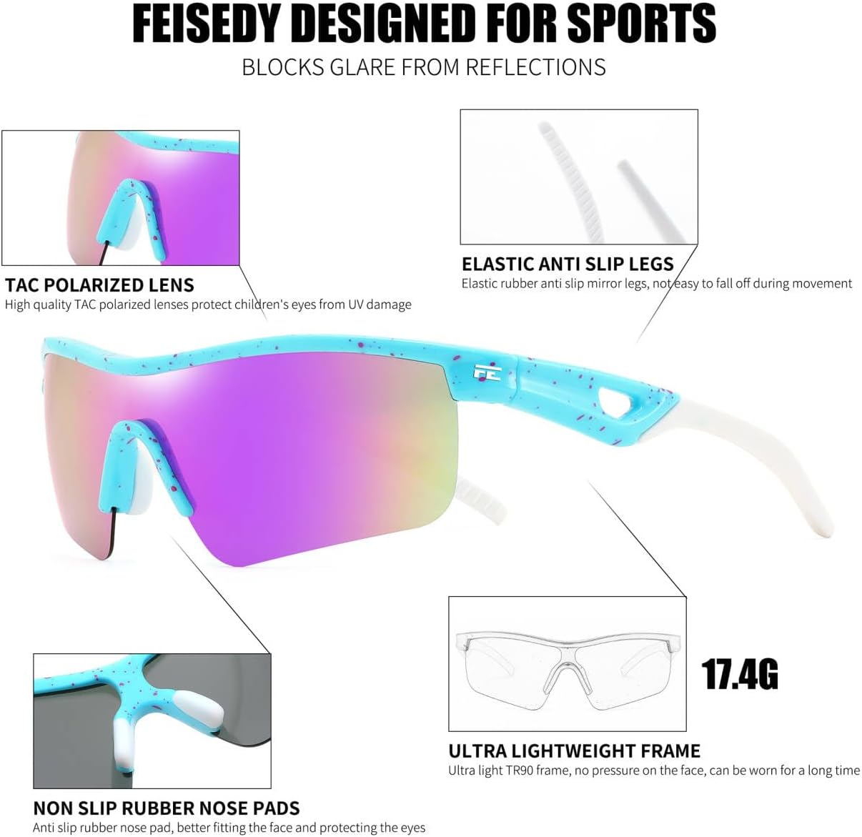 FEISEDY Kids Teens Baseball Polarized Sunglasses Sports TR90 Frame Boys Girls Cycling B2454 - Image 3