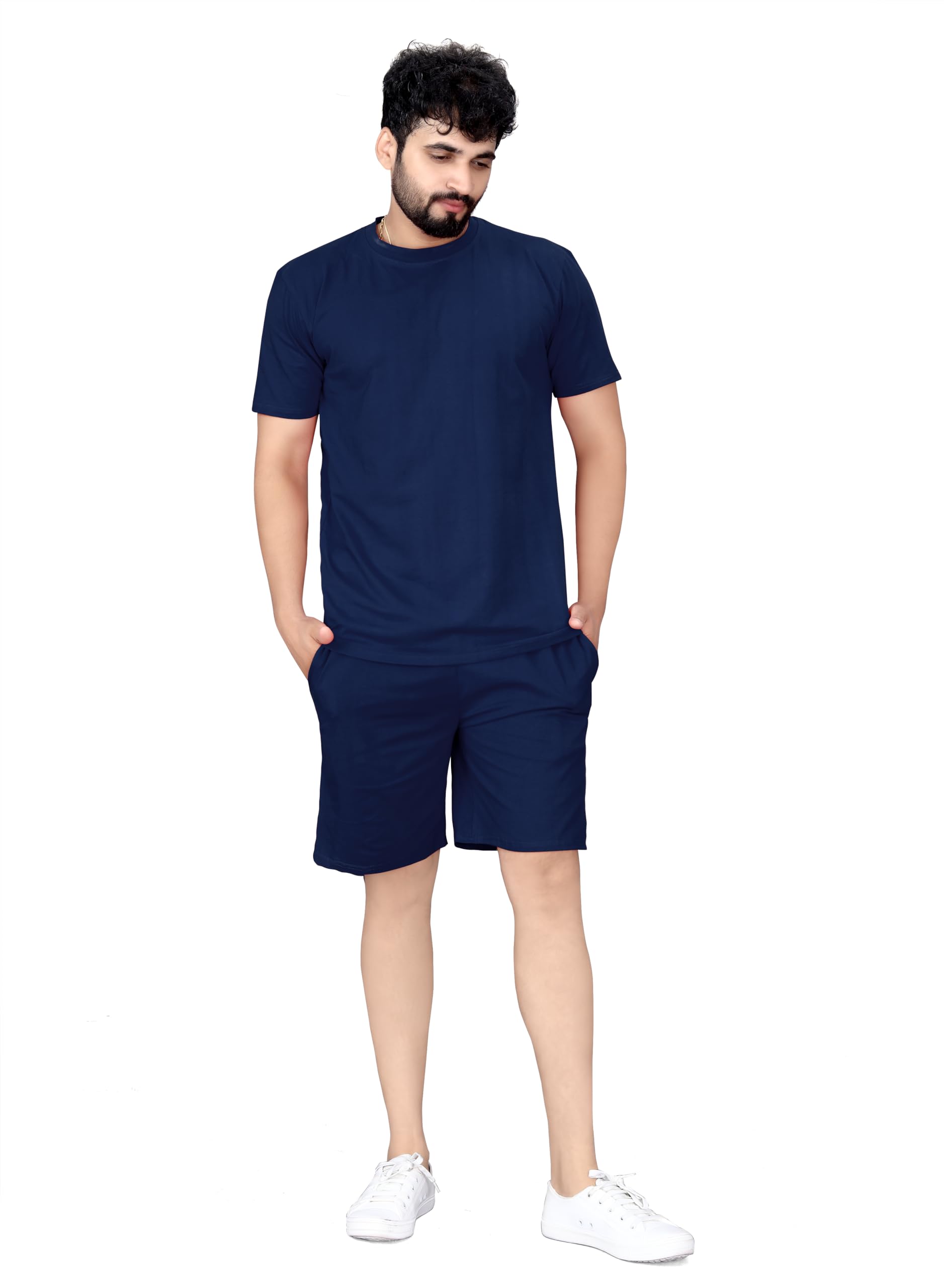 Cotton Blend Solid Casual Round Neck Half Sleeve Oversized Co-ord Set Men's, Pyjama Set, Sleepwear Loungewear T-Shirt and Shorts Combo for Men, Night Wear for Men, Night Suit for Men's